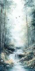 Wall Mural - Lush forest waterfall with serene atmosphere and wildlife