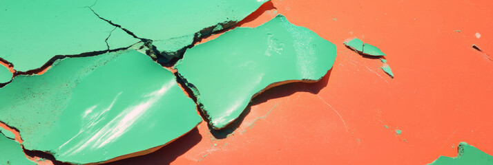 Poster - Green cement wall texture with bright orange background and cracks highlights modern design
