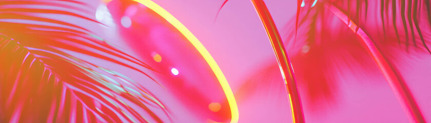 Poster - Vibrant palm leaves illuminated by imagined neon yellow light in a bright tropical backdrop