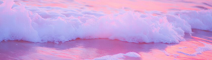 Poster - Bright waves crash on the shore with neon foam highlights at sunset