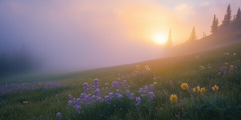 foggy sunrise over a wildflower meadow in spring