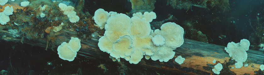 Aufkleber - Fallen log covered in colorful fungi and moss with halftone texture and grunge background