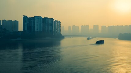 Poster - Tranquil Urban Landscape at Sunrise Over River and Buildings Particulate Matter Concept
