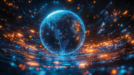 Poster - A high-tech glowing blue sphere with intricate digital circuits on a futuristic circuit board, symbolizing data, and innovation