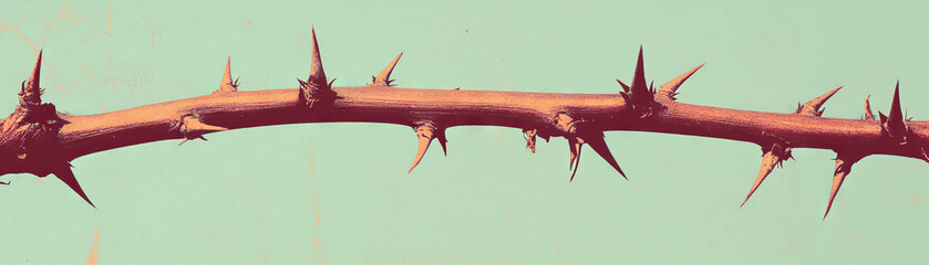 Aufkleber - Thorny branch with sharp thorns and textured bark in halftone style on a grunge background