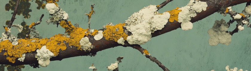 Aufkleber - Texture-rich tree branch adorned with vibrant moss and lichen capturing nature's beauty