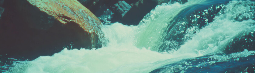 Poster - Waterfall with halftone texture cascading over rocky surface in a tranquil setting