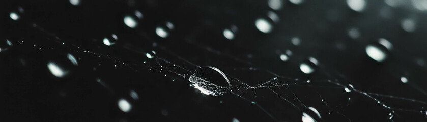 Poster - Dew drops glimmering on delicate spider web threads with halftone texture in grunge background
