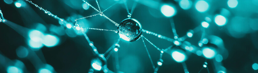 Poster - Dew drops glisten on delicate spider web threads in a halftone texture setting