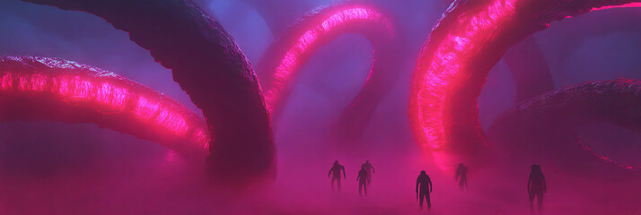 Poster - Crimson arcs rise in a mysterious landscape filled with shadowy figures and vibrant colors