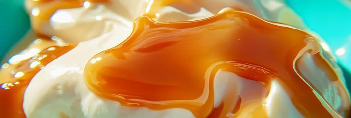 Poster - Delicious caramel sauce drizzling over smooth dessert delight in a colorful setting