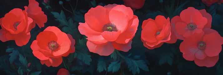 Poster - Captivating crimson flowers bloom vibrantly in a tranquil garden setting