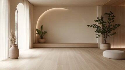 Leinwandbilder - Serene minimalist space with a warm neutral palette, potted plant, light wood floors, arched wood accent, and cozy lighting