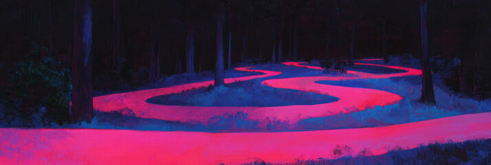 Poster - Curved crimson flashes illuminate a winding path through a dark forest at night