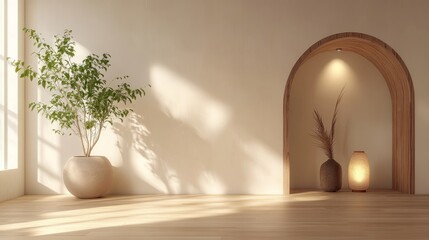 Leinwandbilder - Serene minimalist space with a warm neutral palette, potted plant, light wood floors, arched wood accent, and cozy lighting