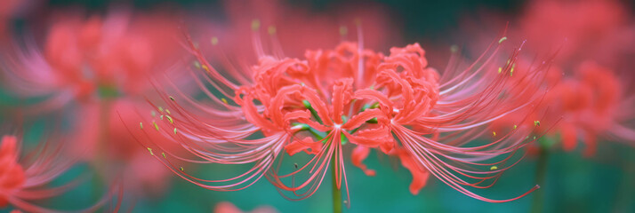 Poster - Dainty scarlet flowers bloom elegantly in a vibrant garden setting
