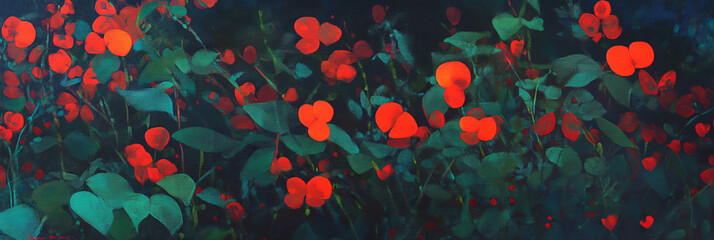 Aufkleber - Vibrant display of dotted red flickers amidst lush green foliage at twilight