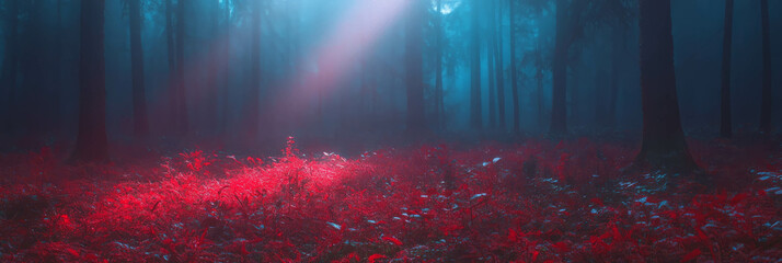 Aufkleber - Scarlet rays illuminate a tranquil forest landscape at dusk