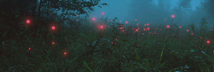 Fototapete - Faint red flickers illuminate a misty landscape filled with wild plants and grass