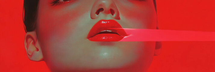 Poster - Bold scarlet lines accentuate stunning lips against vibrant red backdrop and striking expression