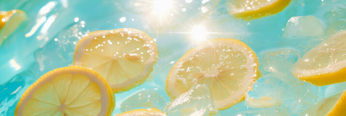 Poster - Refreshing lemonade with ice and lemon slices in a vibrant blue background