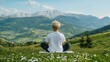 © tugkiara - Boy meditating mountain vista, peaceful alpine scene, healthy lifestyle