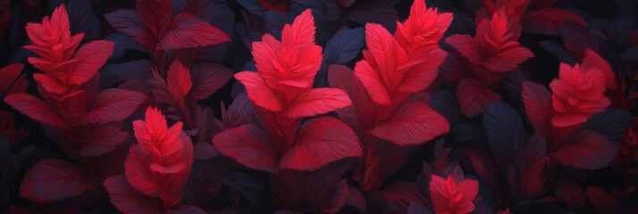 Poster - Crimson foliage thrives under cool shadows in a vibrant garden setting