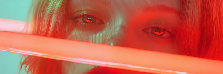 Poster - Close-up view of a person with striking red streaks illuminated by vibrant lighting