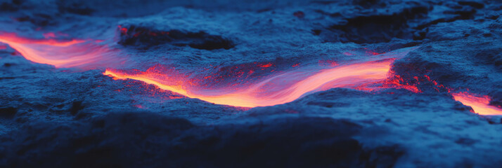 Poster - Dynamic fire streaks illuminate volcanic rock surface in low light setting