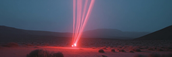 Poster - Bright red fire streaks illuminate the dark desert landscape during twilight hours