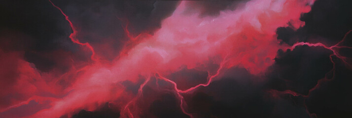 Poster - Scarlet lightnings illuminate dark skies during a dramatic stormy night