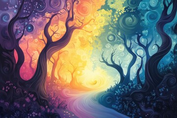 Wall Mural - Vibrant swirling forest pathway at dusk leads to light