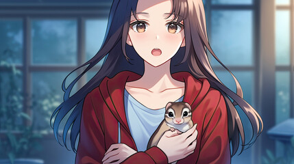 Young girl holding a small kitten in her arms with a tiny anime sugar glider clinging to her hoodie in a bright and cheerful indoor setting