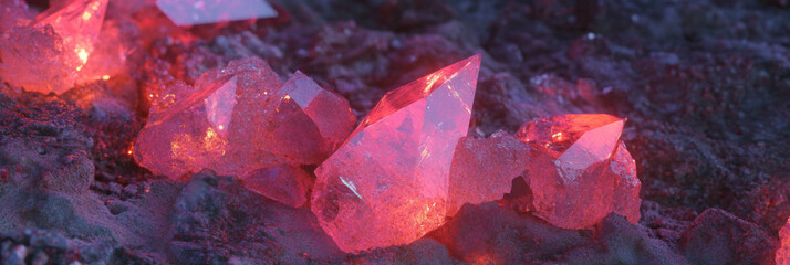 Poster - Ruby lightings sparkle amidst dark textures, showcasing their vibrant glow and unique shapes