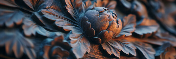 Poster - Intricate wooden carving showcasing detailed floral patterns and smooth texture in elegant design