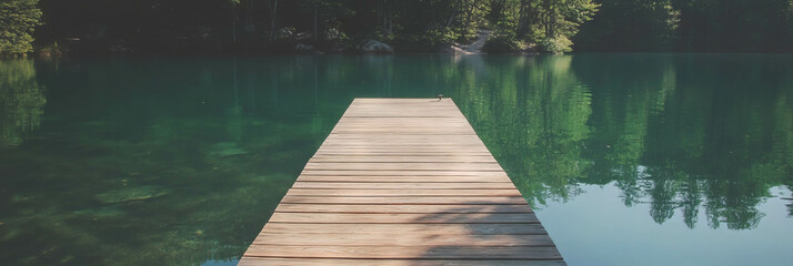 Poster - Wooden dock stretches into serene waters surrounded by lush greenery