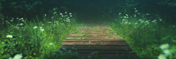 Poster - Wooden pathway meanders through a serene forest surrounded by lush greenery and wildflowers