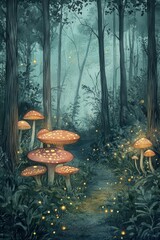 Canvas Print - Enchanted forest with glowing mushrooms and fireflies at dusk