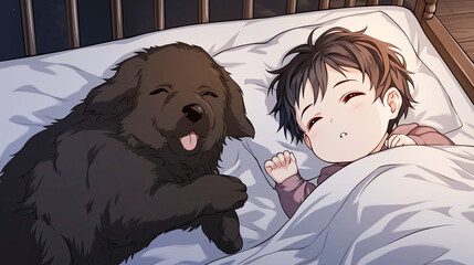 Wall Mural - A boy and a dog sleeping together in bed with a fluffy puppy curled up beside him creating a cozy and peaceful atmosphere