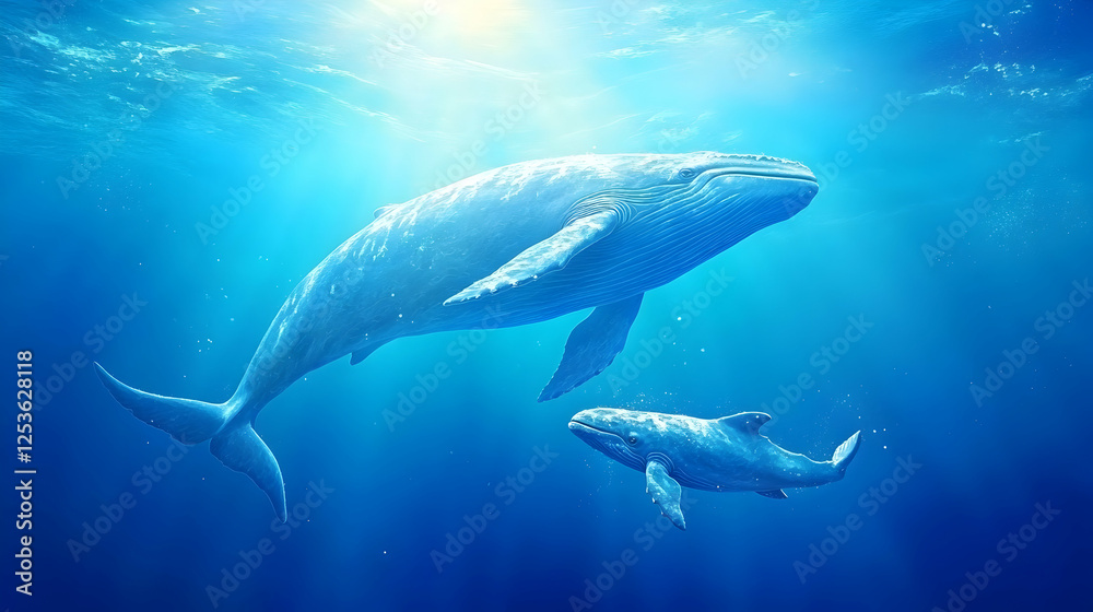 Whales swimming together underwater in bright sunlight. Use for conservation, education and ecosystem articles
