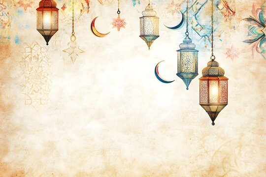 Ramadan background design colourful lantern lamp with dates and tasbih isolated on beige background, Islamic concept Ramadan and Eid Mubarak image