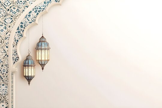 Ramadan background design colourful lantern lamp with dates and tasbih isolated on beige background, Islamic concept Ramadan and Eid Mubarak image
