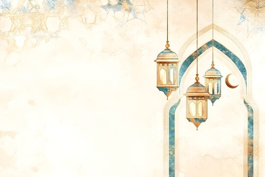 Ramadan background design colourful lantern lamp with dates and tasbih isolated on beige background, Islamic concept Ramadan and Eid Mubarak image