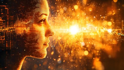 Poster - Profile of a Woman Surrounded by Digital Glows and Data Patterns