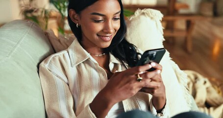 Aufkleber - Smile, woman and typing with smartphone in home, living room or apartment with internet communication on sofa. Happy, message or video on social media and student person with online, chat and phone