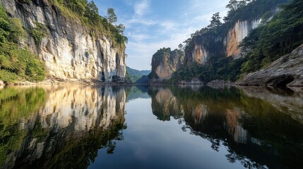 Wall Mural - Serene Reflection: Majestic Limestone Cliffs Mirror in Calm Lake Waters