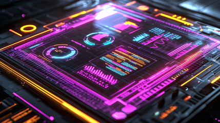Poster - A glowing digital interface displaying colorful graphs and metrics, showcasing advanced technology and data visualization.