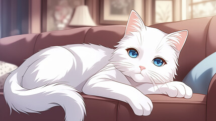 Wall Mural - White cat and fluffy anime ragdoll kitten resting together on a cozy couch in a warm and inviting living room setting