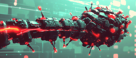 Fototapete - A futuristic, abstract structure with glowing red highlights, set against a digital backdrop, evokes a high-tech, sci-fi atmosphere.