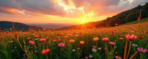 warm hues of sunrise over a lush meadow with wildflowers, sunrise, fields